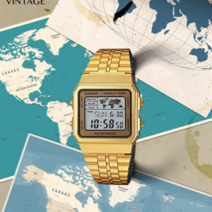 Vintage A500WGA-9DF Digital Multicolor Dial Unisex Watch Gold Metal Strap (D134)